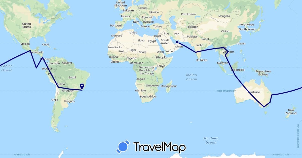 TravelMap itinerary: driving in United Arab Emirates, Australia, Bolivia, Brazil, Costa Rica, Ecuador, Indonesia, India, Laos, Mexico, Peru (Asia, North America, Oceania, South America)