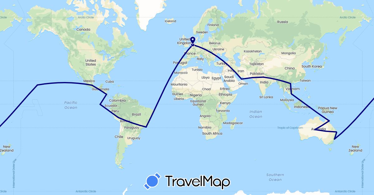 TravelMap itinerary: driving in United Arab Emirates, Australia, Brazil, Costa Rica, Ecuador, India, Mexico, Netherlands, Peru, United States, Vietnam (Asia, Europe, North America, Oceania, South America)
